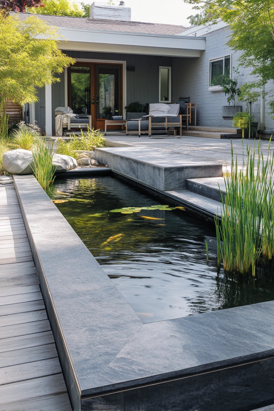 Modern koi pond beside a family deck
