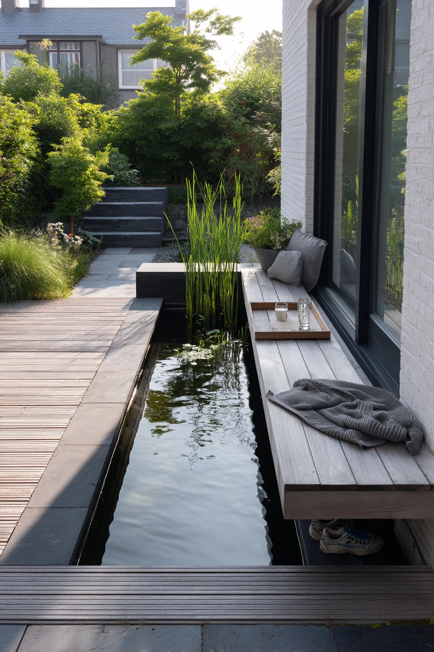Modern koi pond beside a family deck