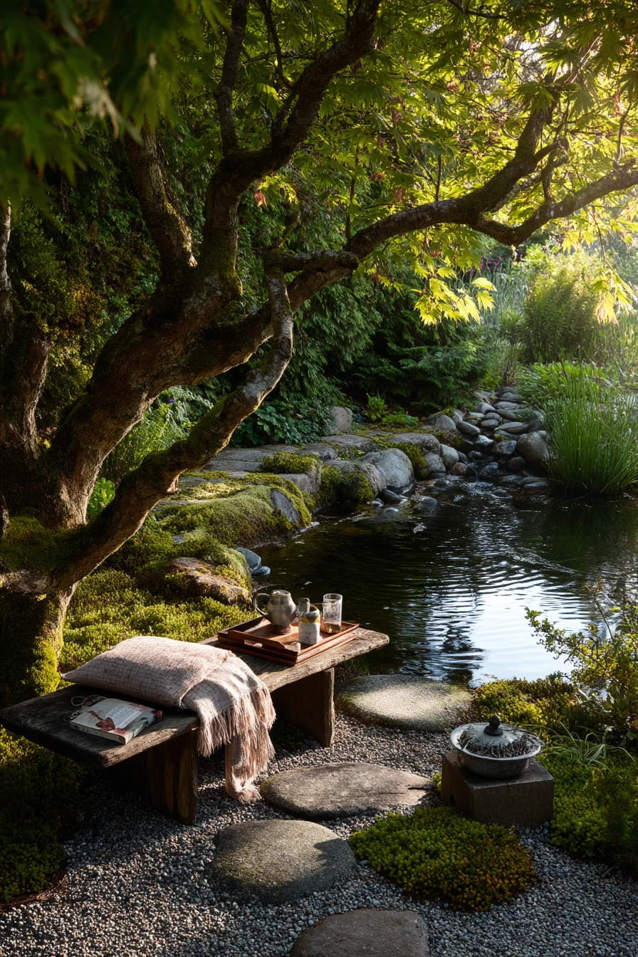 Japanese-inspired koi pond with gravel and lanterns
