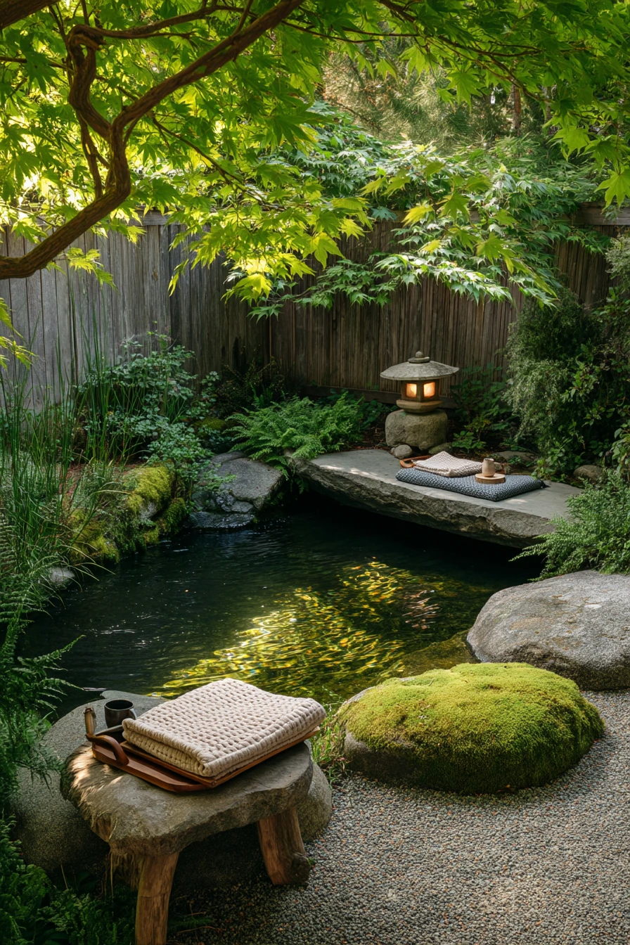 Japanese-inspired koi pond with gravel and lanterns