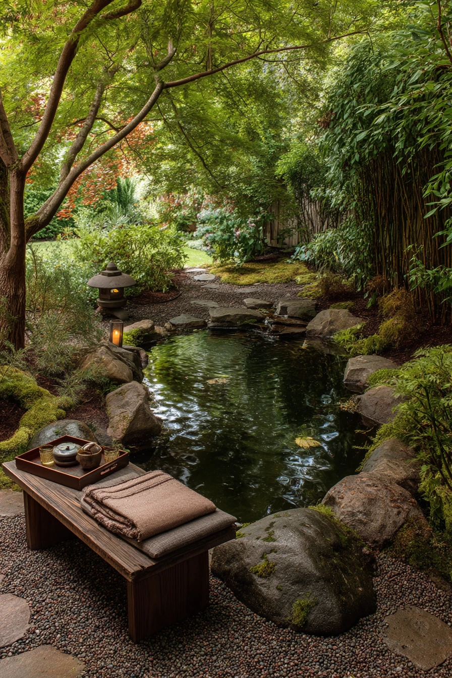 Japanese-inspired koi pond with gravel and lanterns