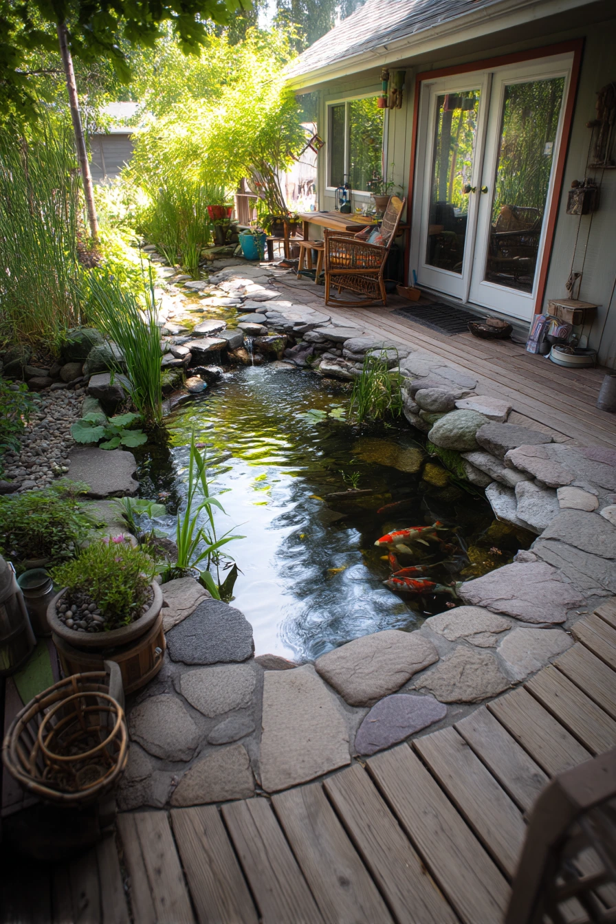 Backyard koi pond with a simple stone edge