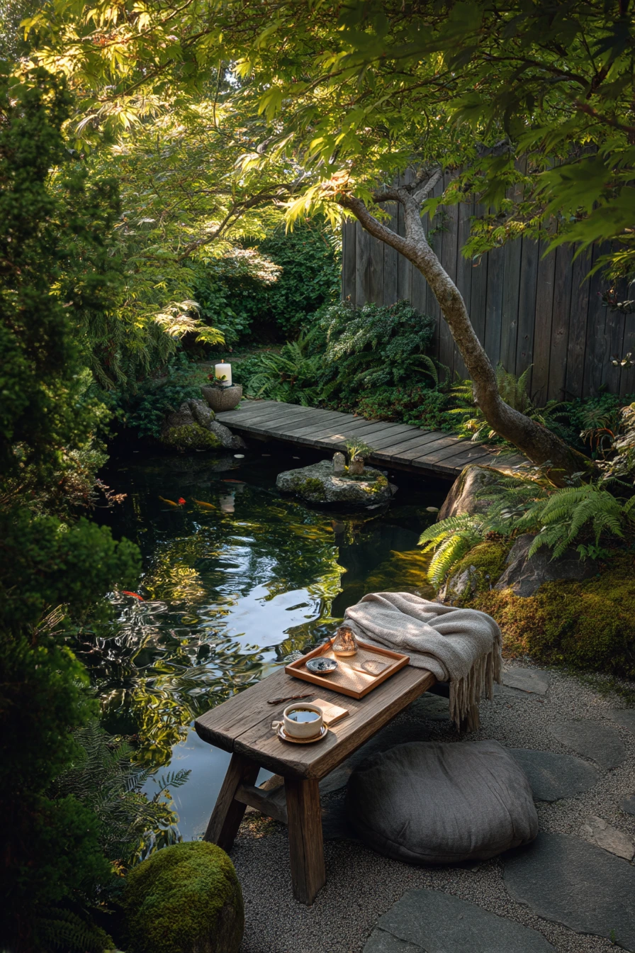 Japanese-inspired koi pond with gravel and lanterns