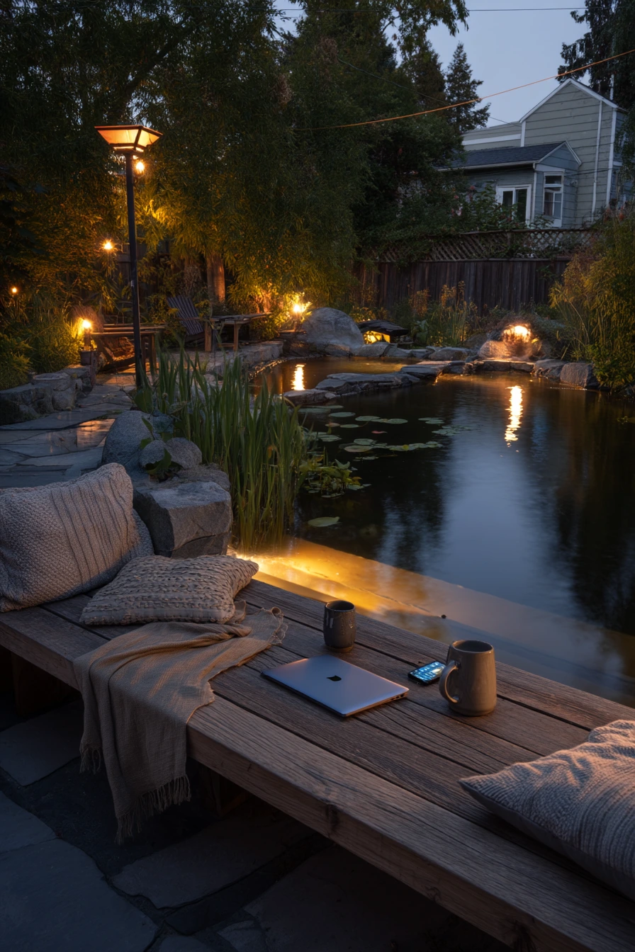 Koi pond with seating for evening unwinding