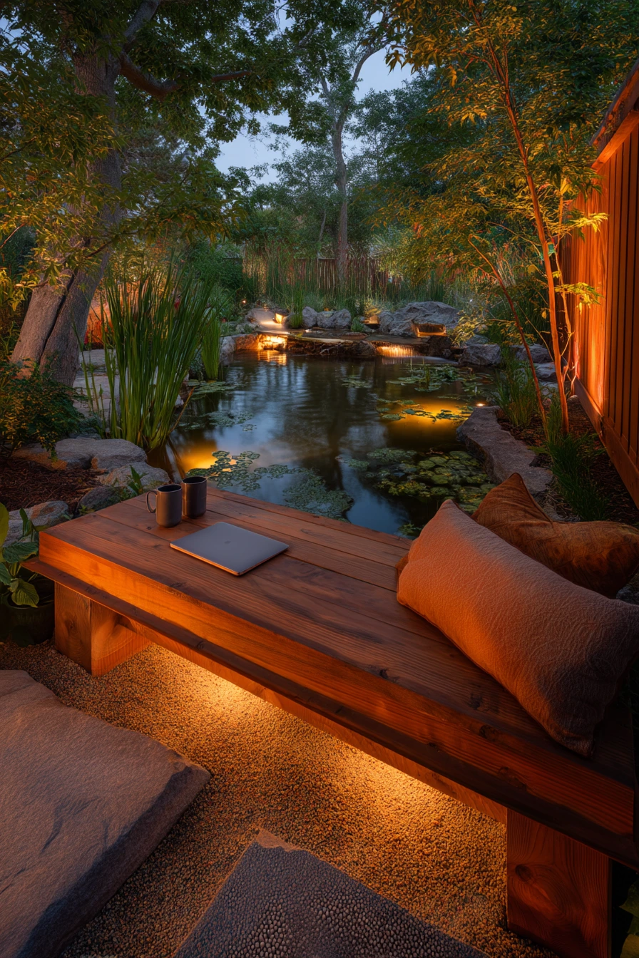 Koi pond with seating for evening unwinding