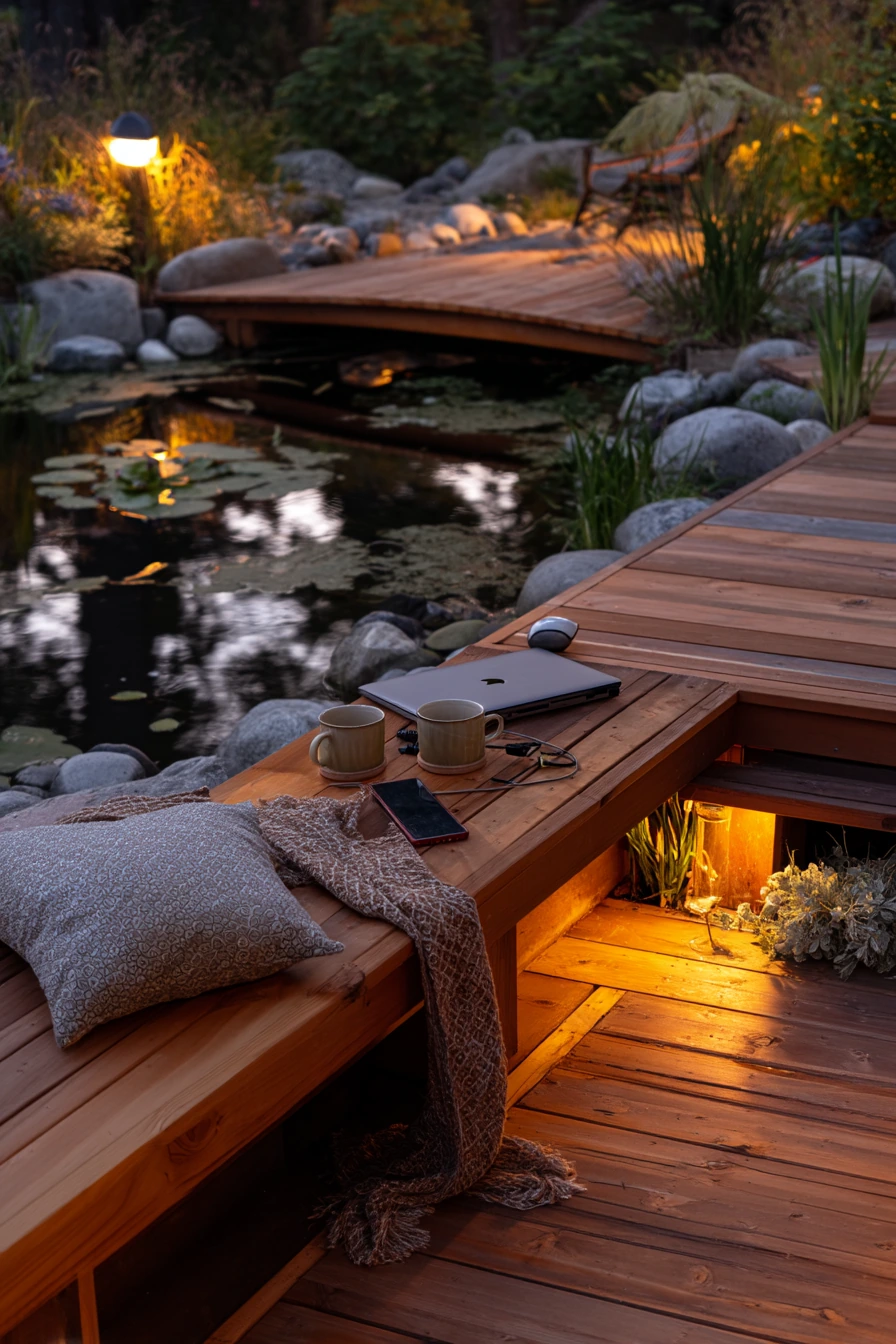Koi pond with seating for evening unwinding