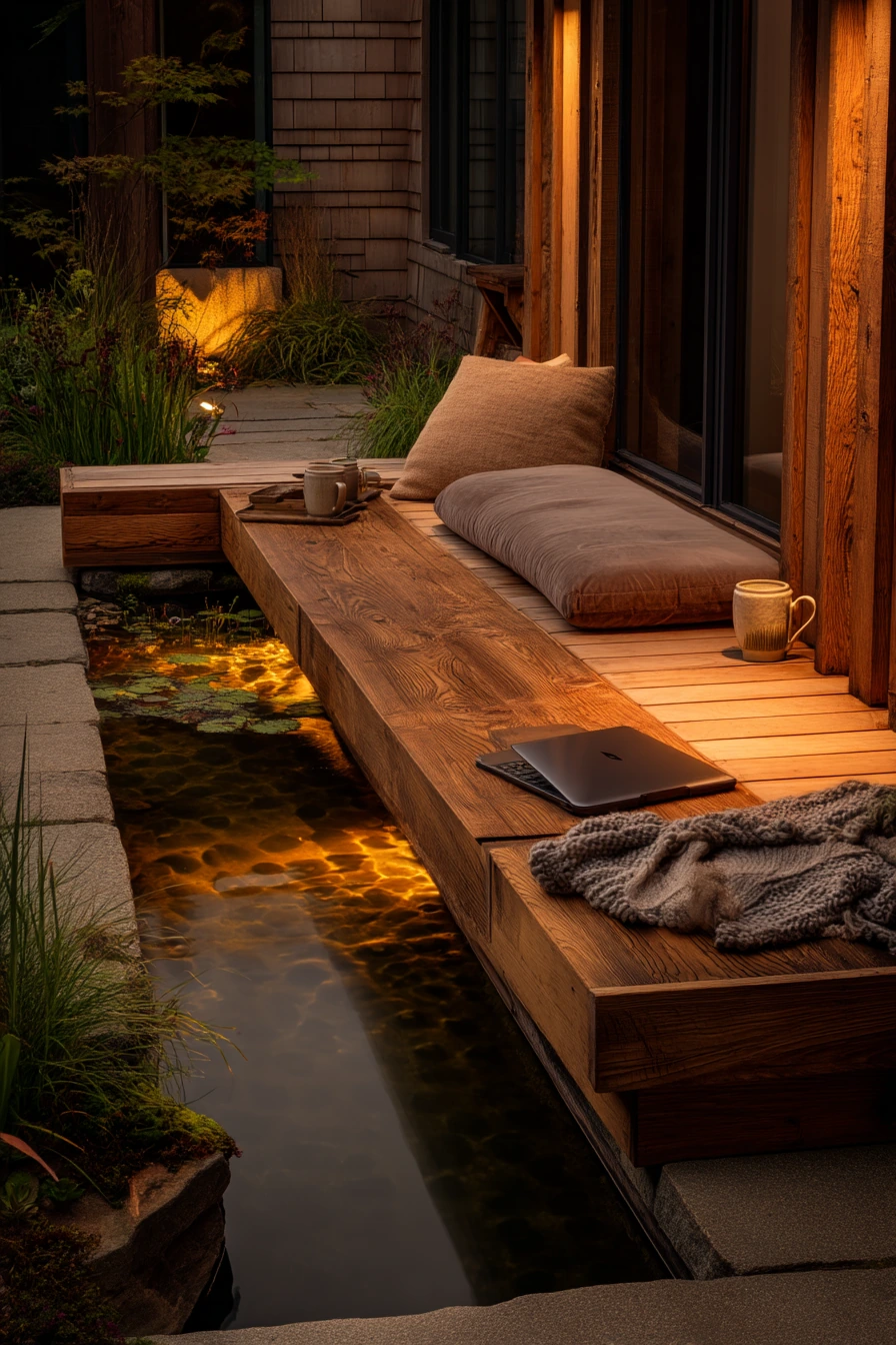 Koi pond with seating for evening unwinding