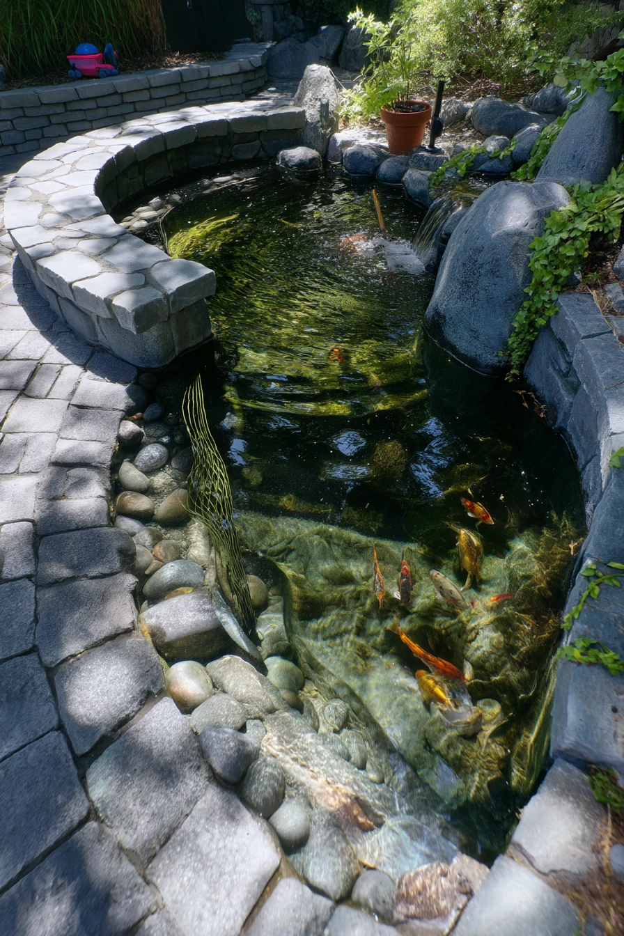 Kid-friendly koi pond with safe edges