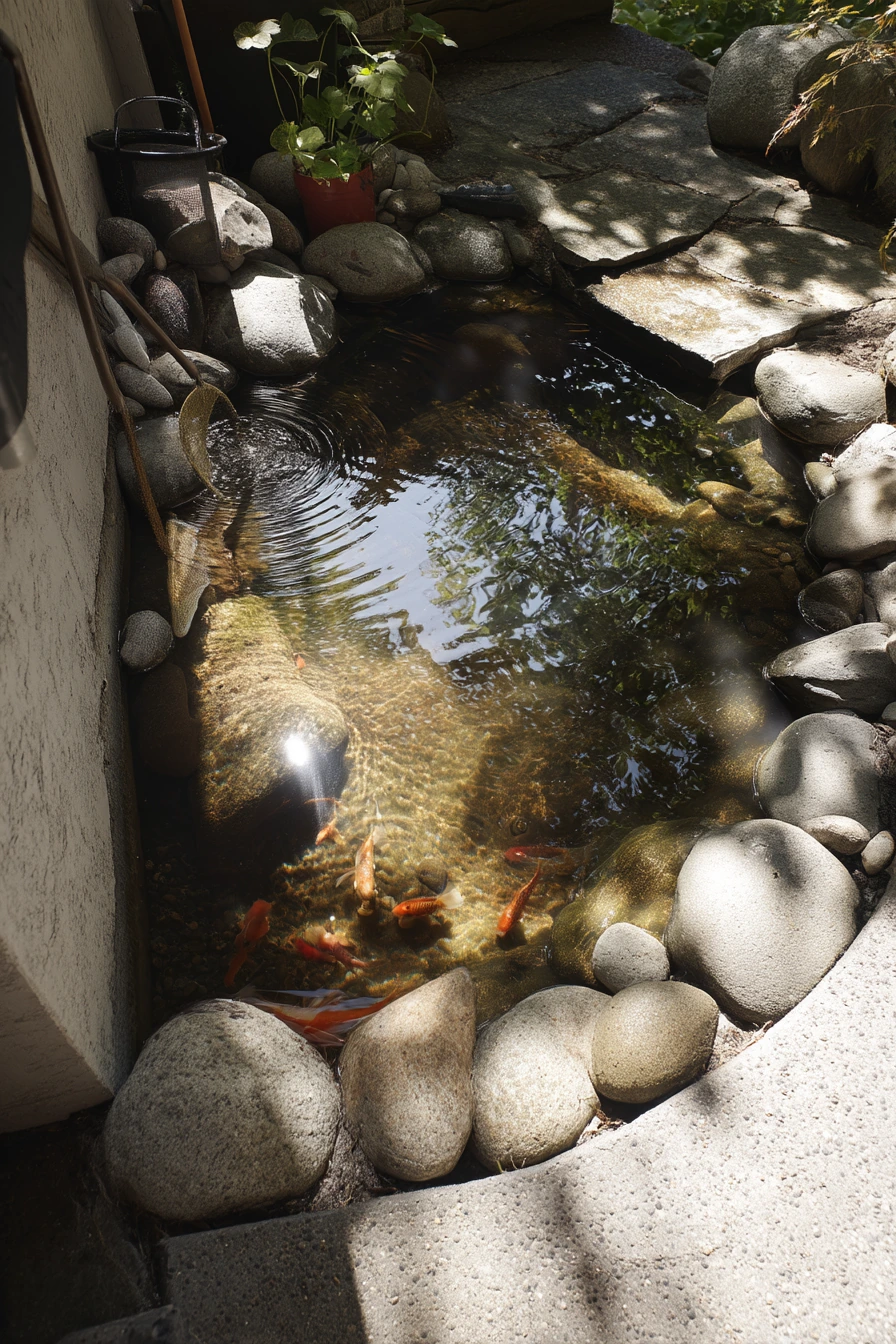 Kid-friendly koi pond with safe edges