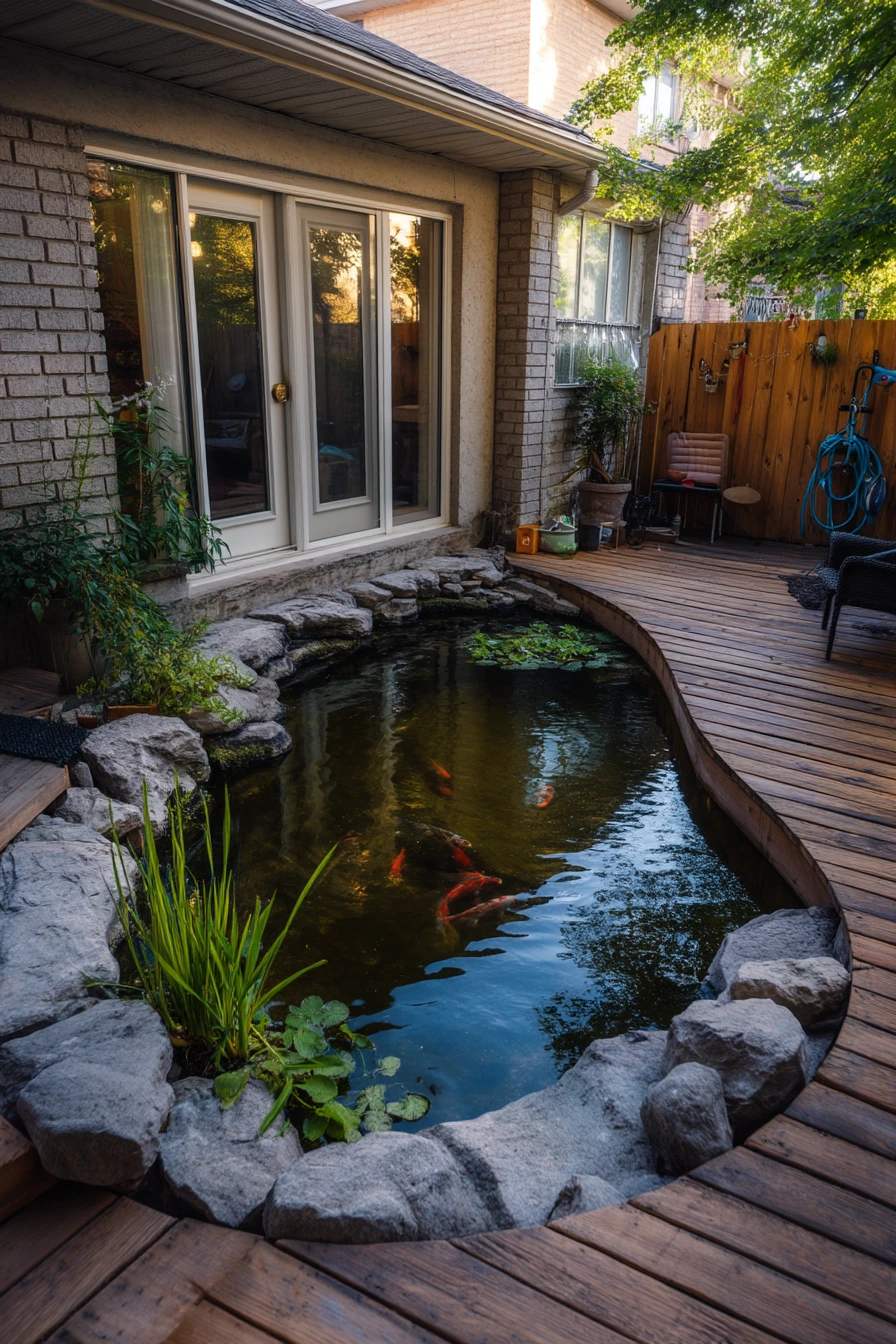 Backyard koi pond with a simple stone edge