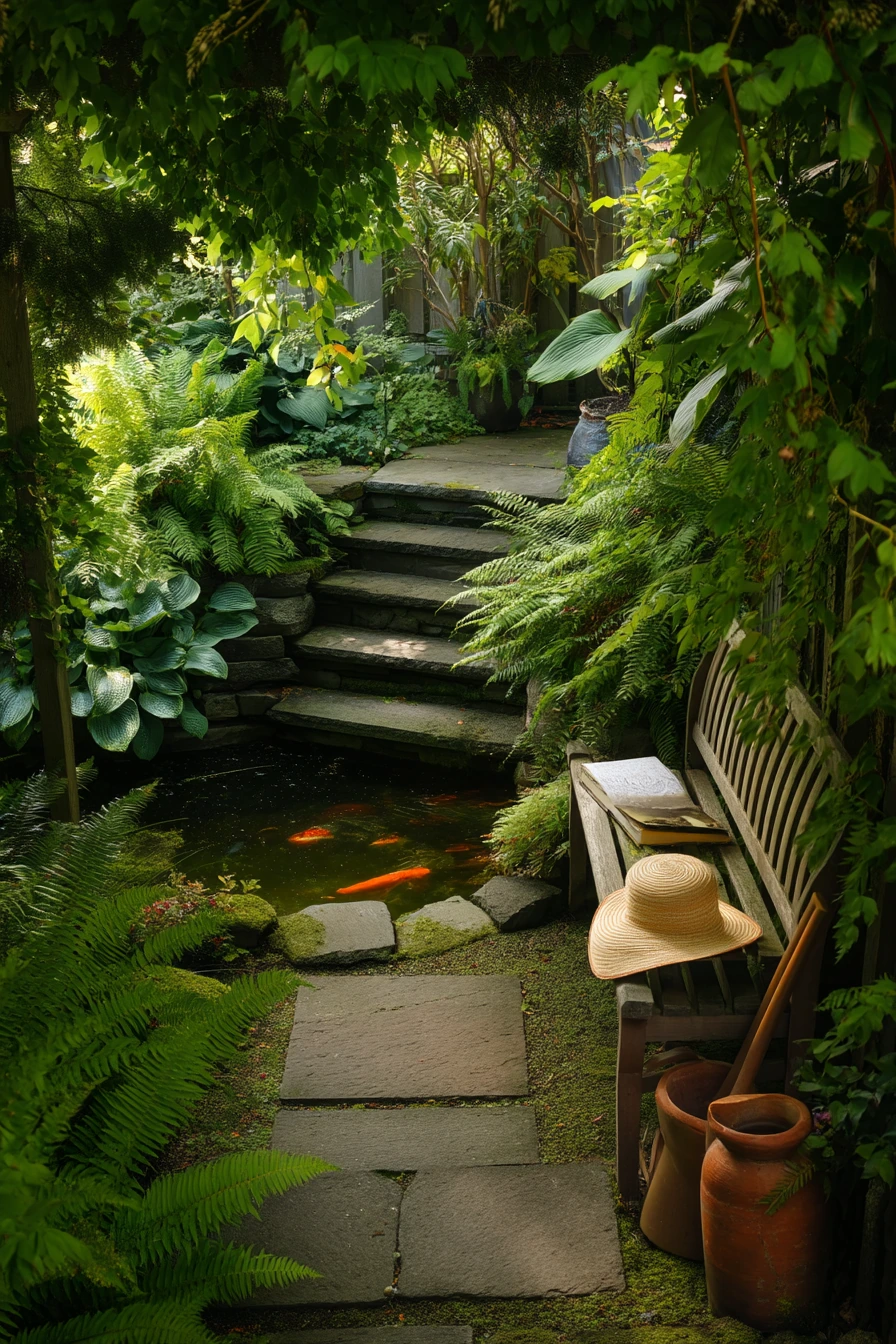 Lush koi pond for a shaded garden corner