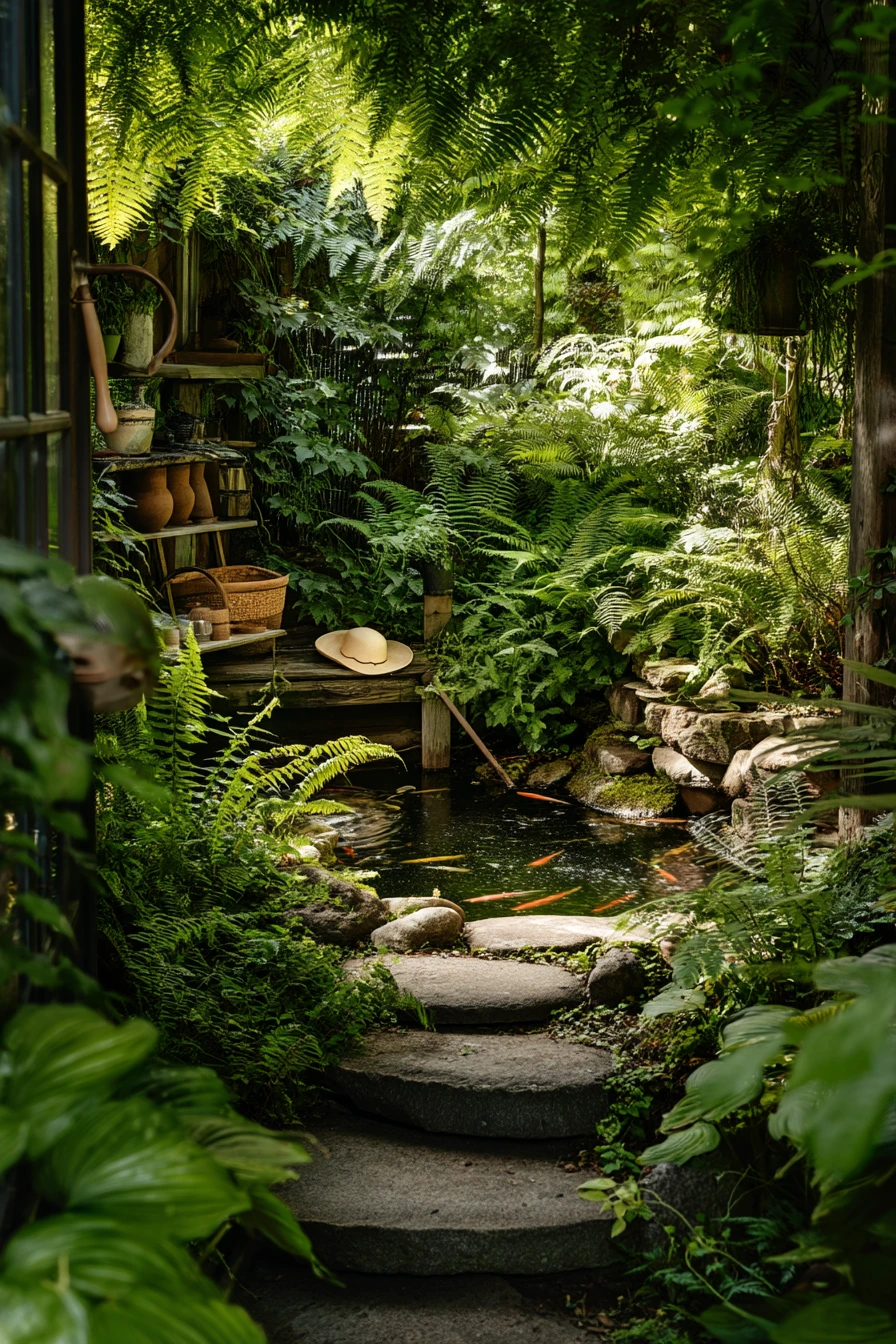 Lush koi pond for a shaded garden corner