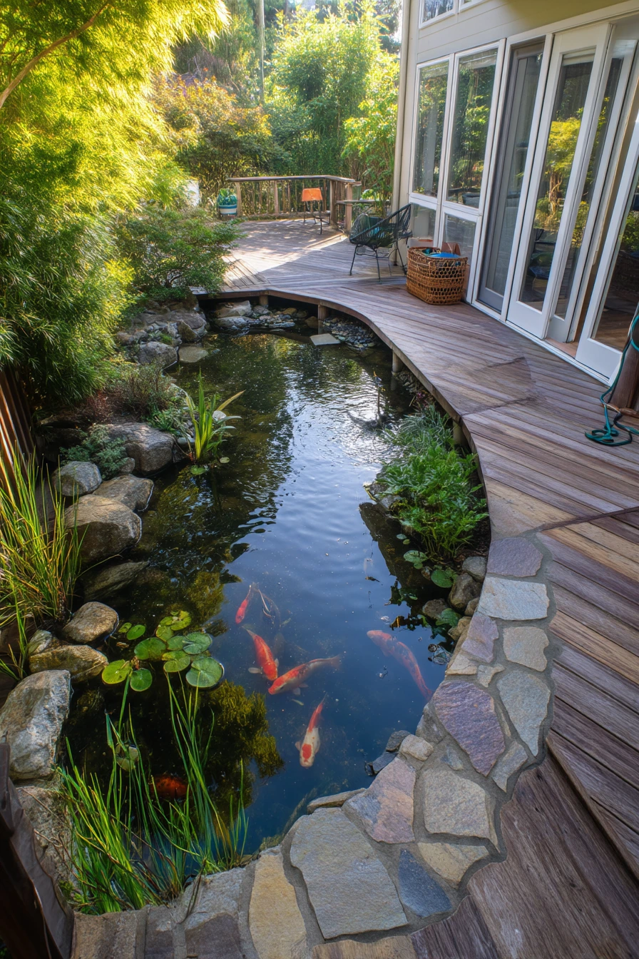 Backyard koi pond with a simple stone edge
