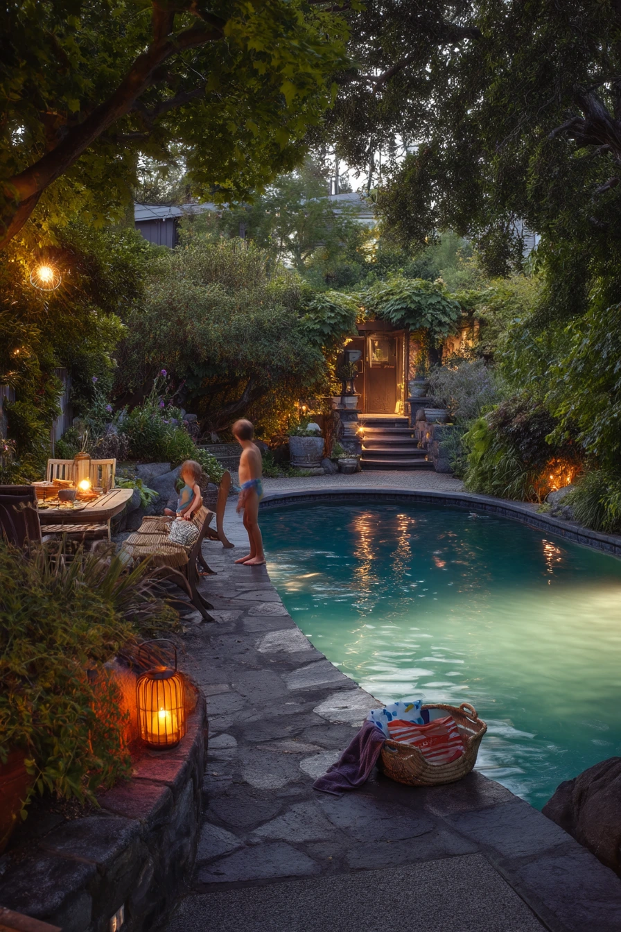 Lagoon Pool at Twilight with Quiet Family Life