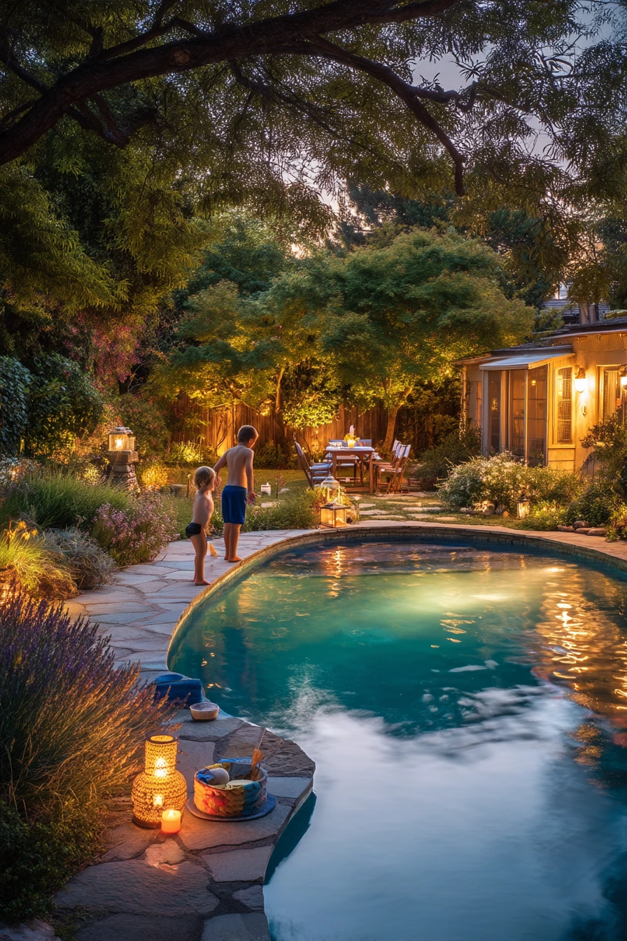 Lagoon Pool at Twilight with Quiet Family Life