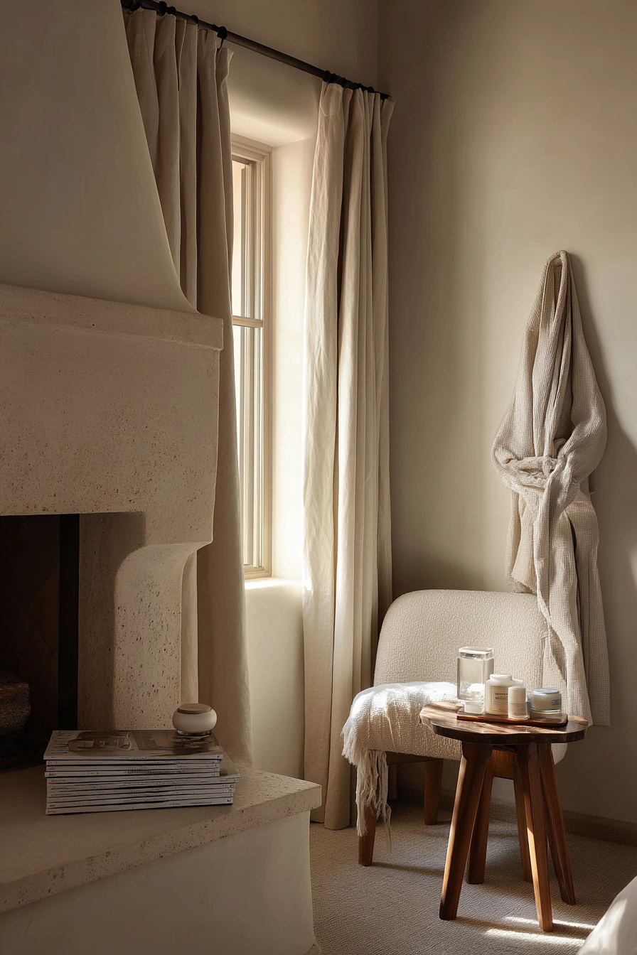 8. Spa-Calm Marble Fireplace Retreat