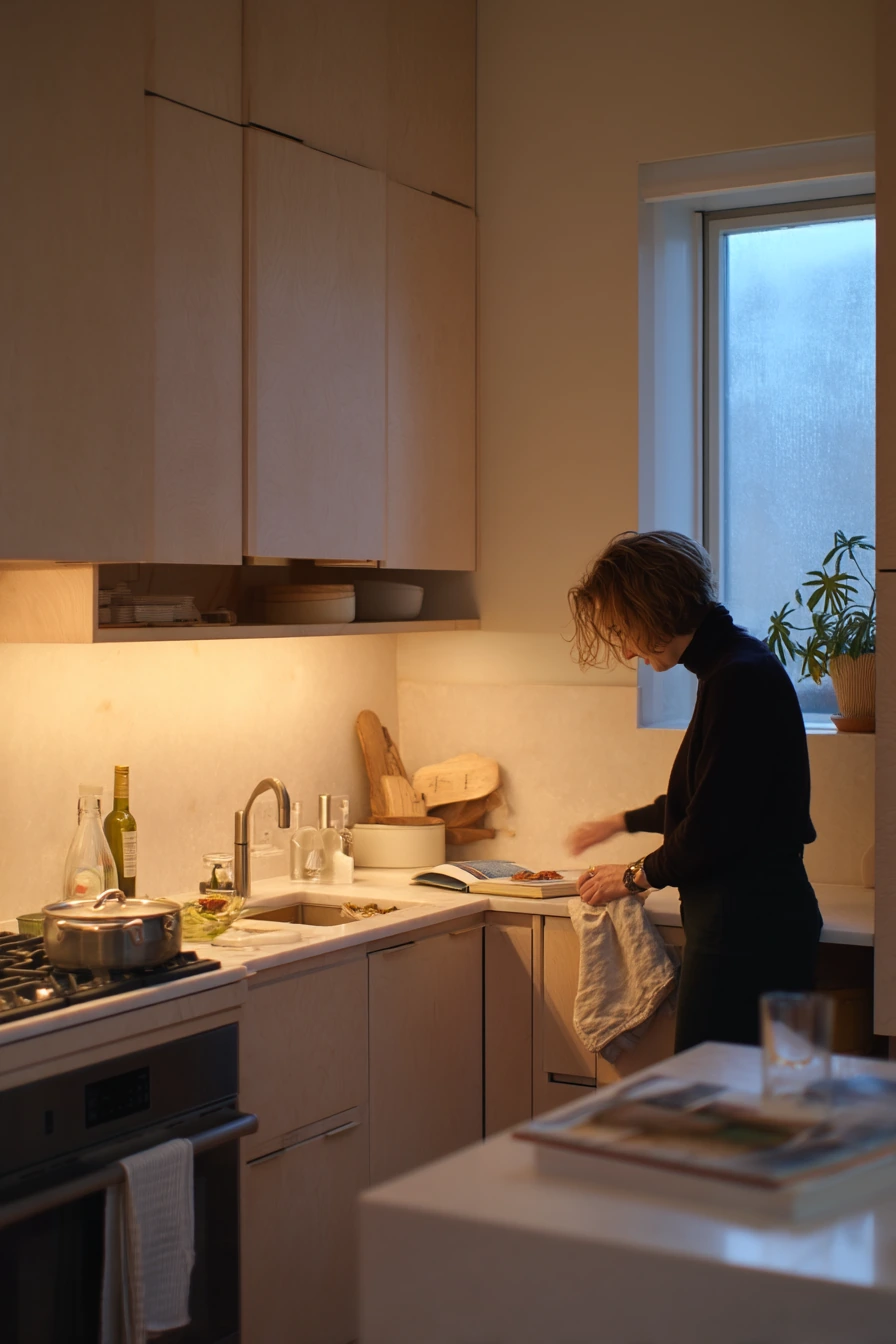 Messy-But-Minimal After-Dinner Scene