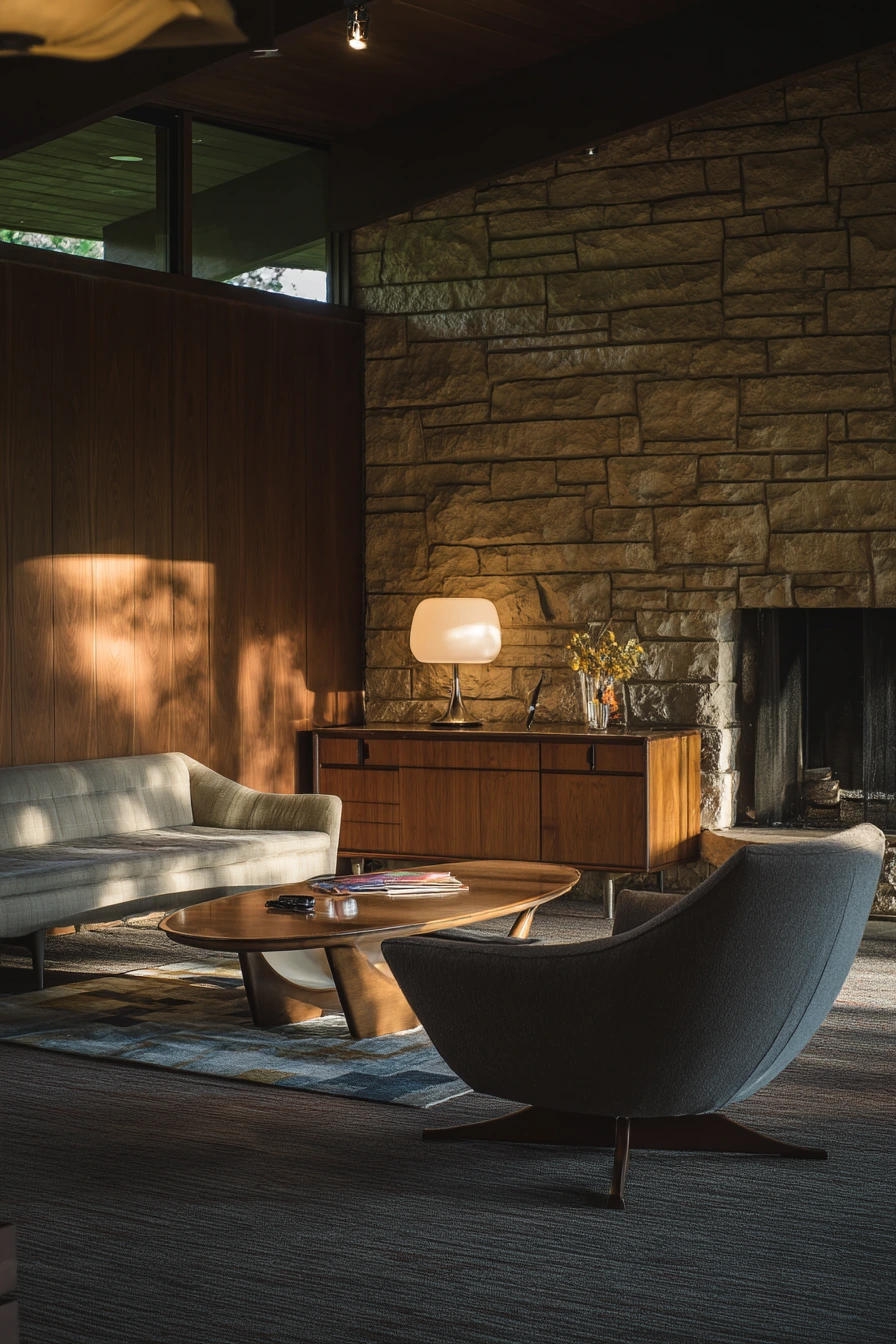 5. Off-Center Fireplace in a Mid-Century Lounge