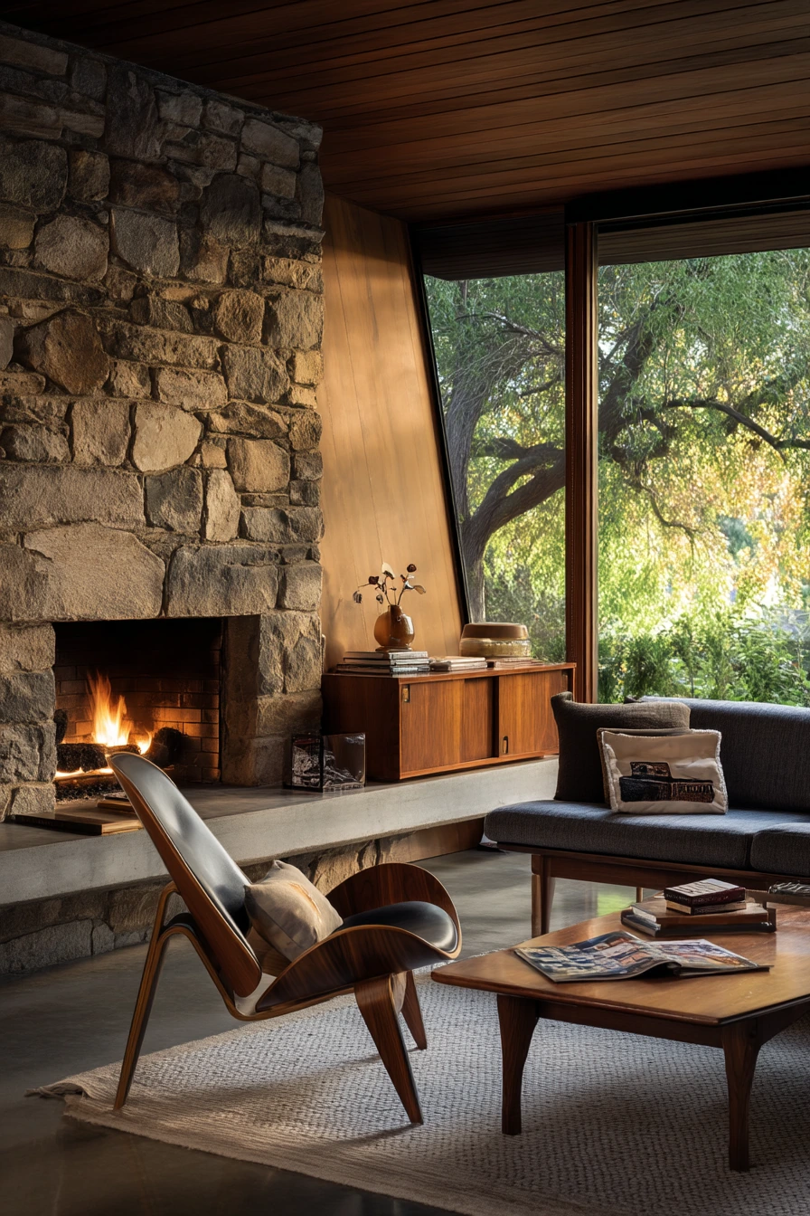 5. Off-Center Fireplace in a Mid-Century Lounge
