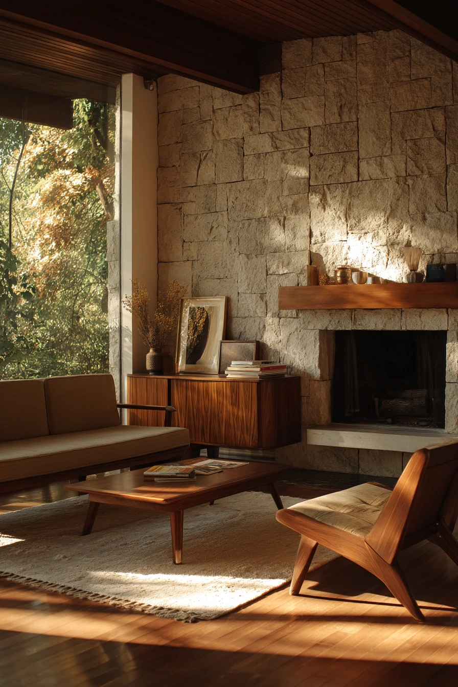 5. Off-Center Fireplace in a Mid-Century Lounge