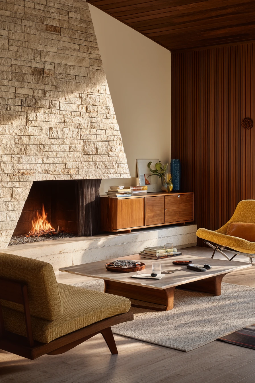 5. Off-Center Fireplace in a Mid-Century Lounge