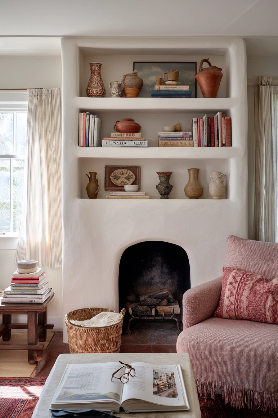 7. Cozy Cottage Fireplace with Asymmetrical Shelving