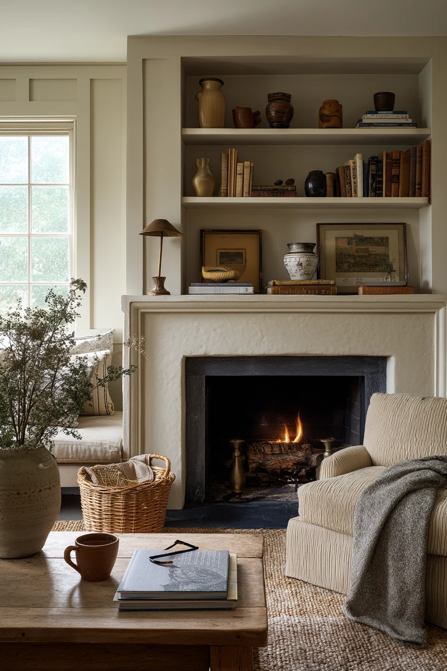 7. Cozy Cottage Fireplace with Asymmetrical Shelving