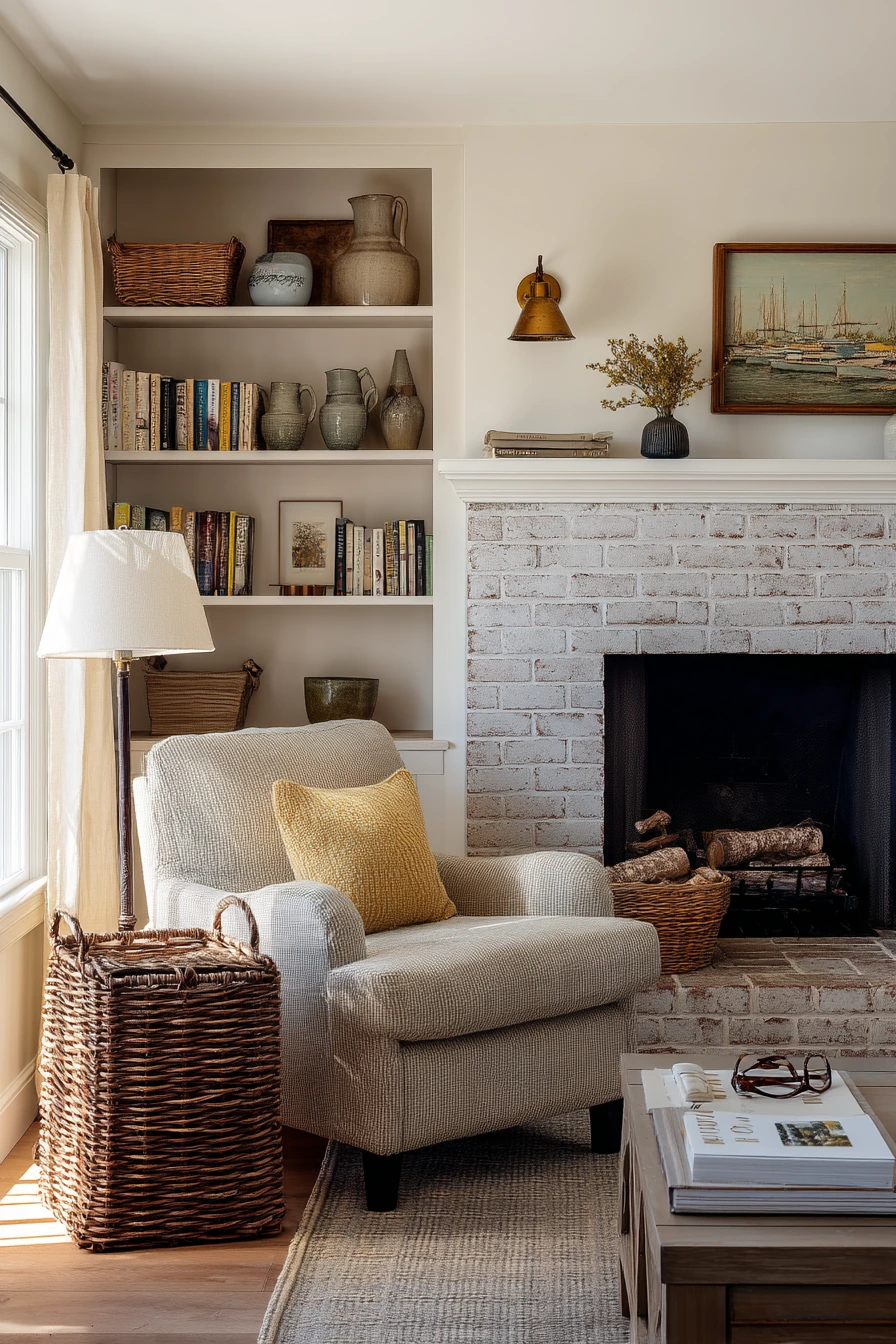 7. Cozy Cottage Fireplace with Asymmetrical Shelving