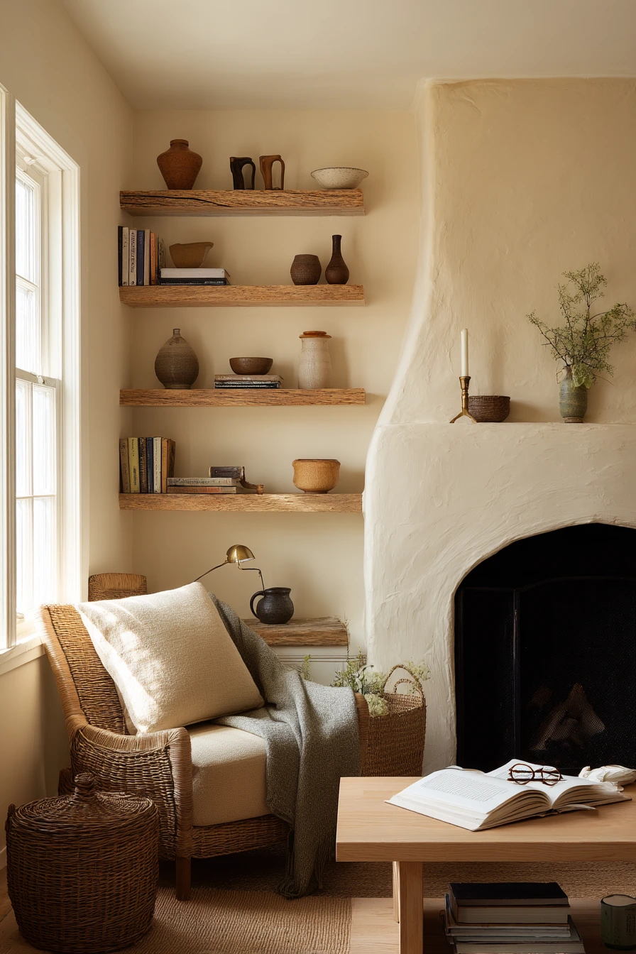 7. Cozy Cottage Fireplace with Asymmetrical Shelving