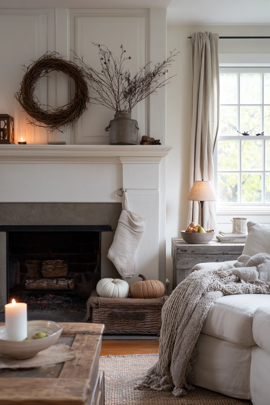 8. Seasonal Decor Around an Off-Center Hearth