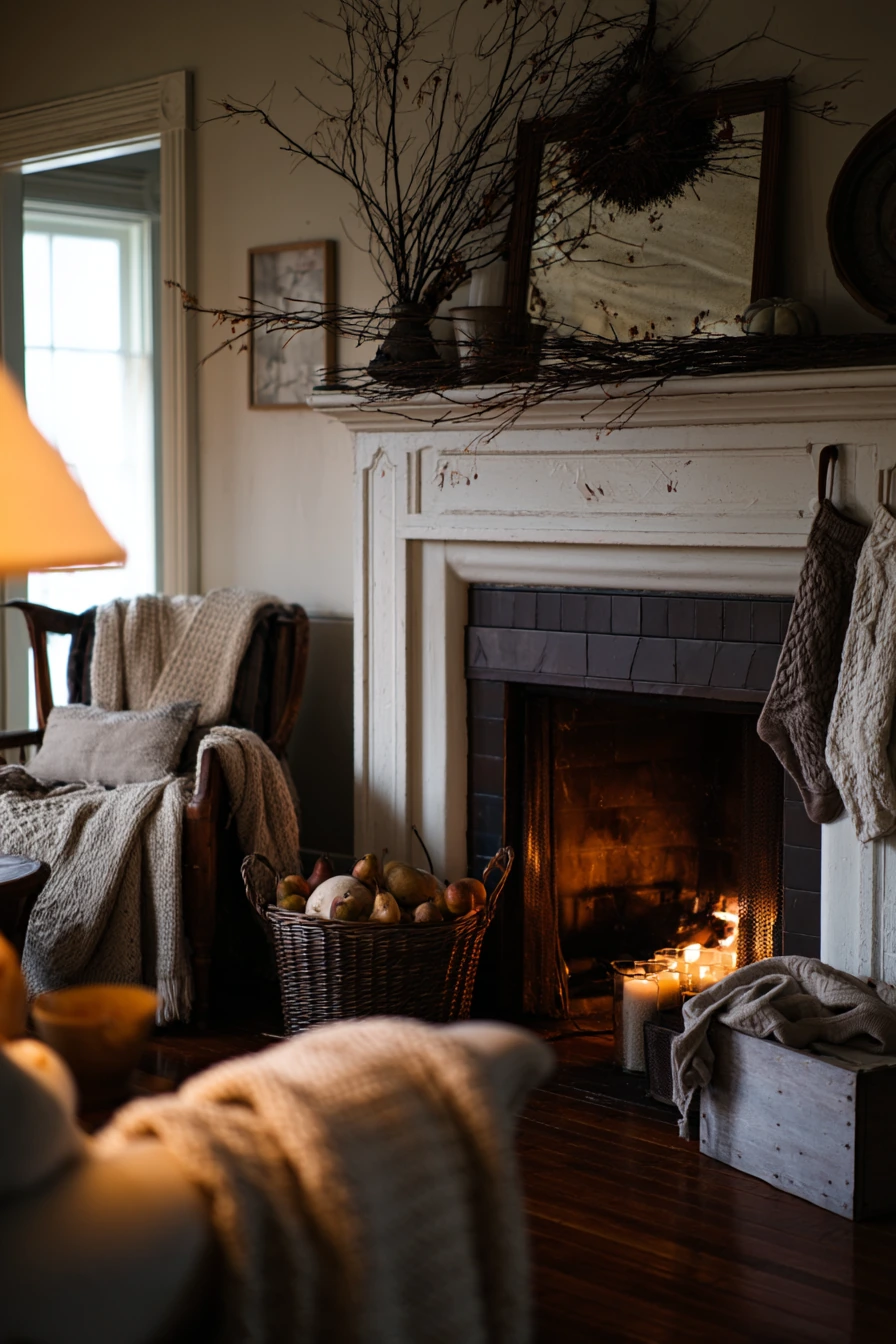 8. Seasonal Decor Around an Off-Center Hearth
