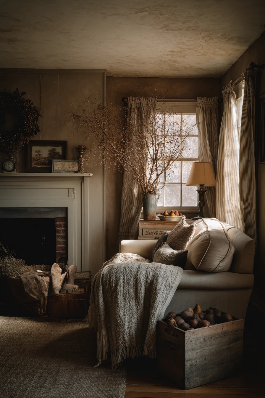 8. Seasonal Decor Around an Off-Center Hearth