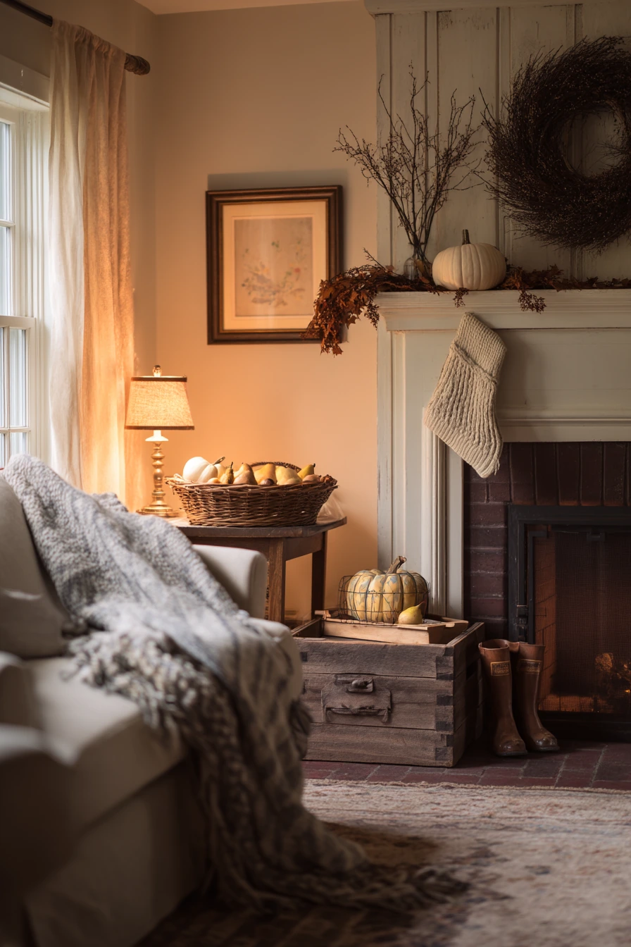 8. Seasonal Decor Around an Off-Center Hearth