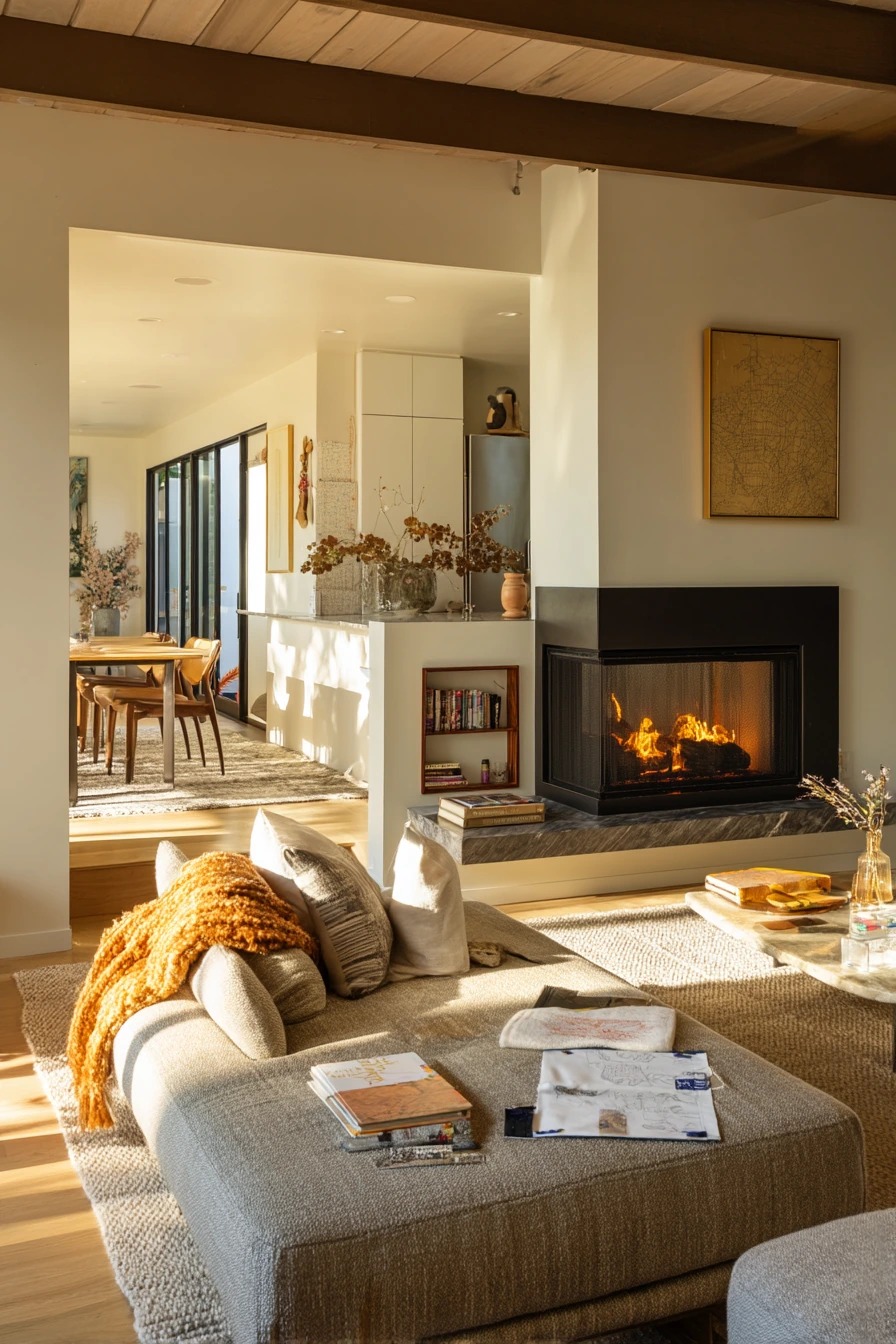 10. Off-Center Fireplace in an Open-Plan Living Room