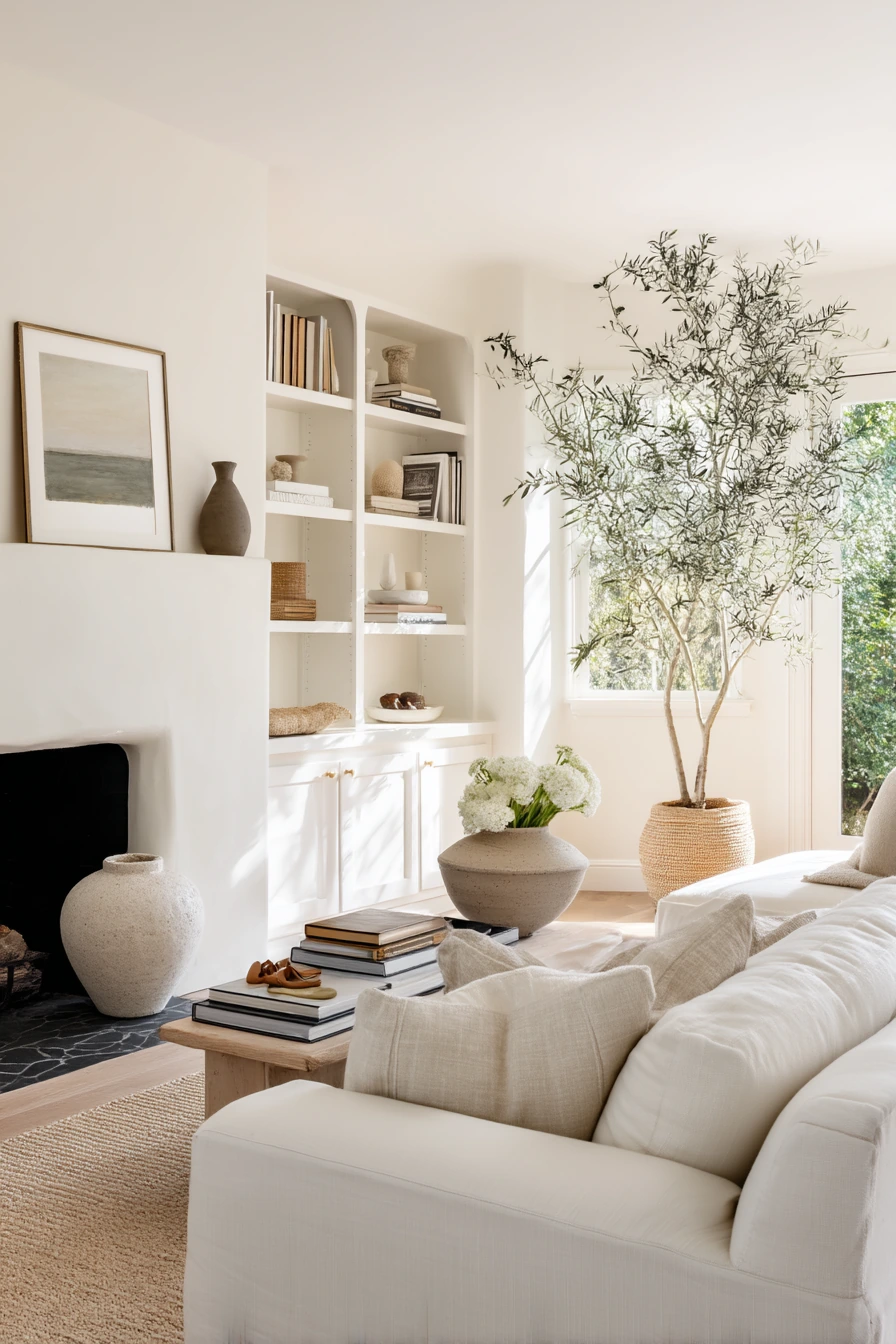2. Off-Center Fireplace with Balanced Built-Ins