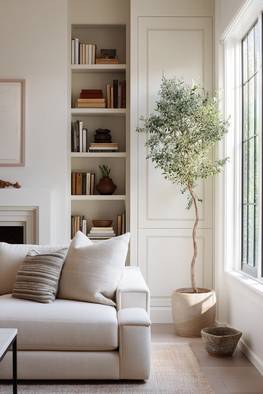 2. Off-Center Fireplace with Balanced Built-Ins