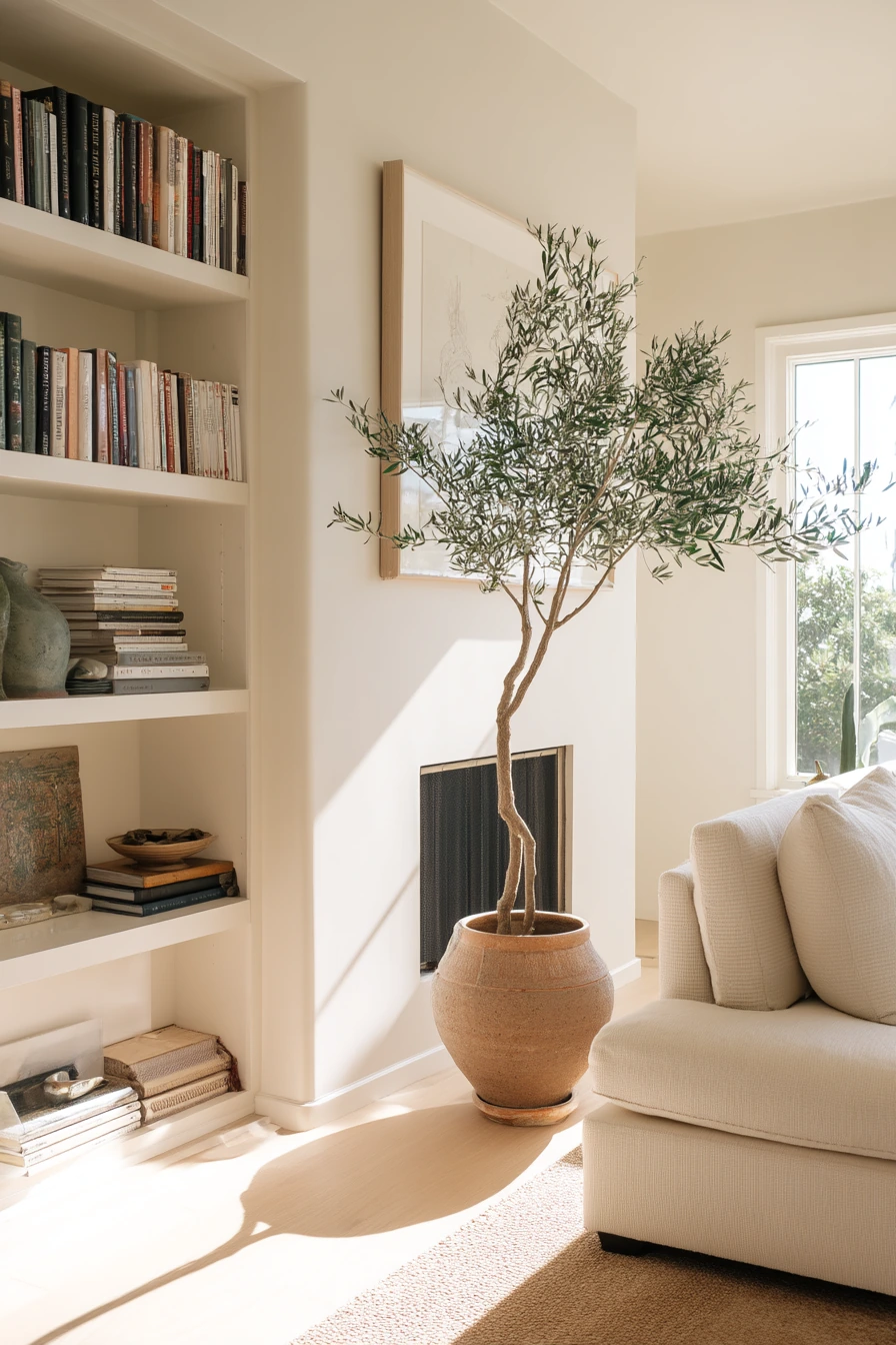 2. Off-Center Fireplace with Balanced Built-Ins