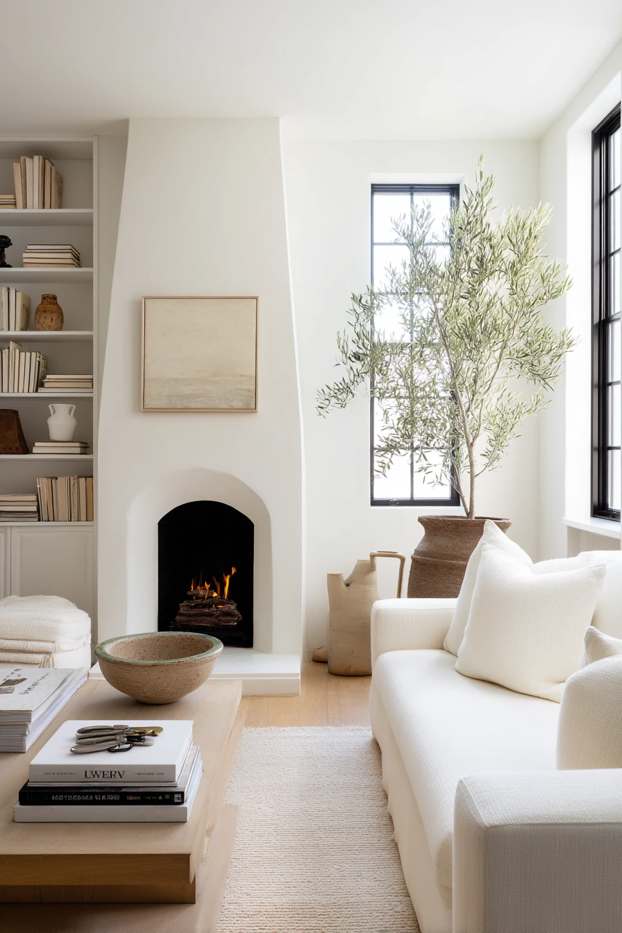 2. Off-Center Fireplace with Balanced Built-Ins