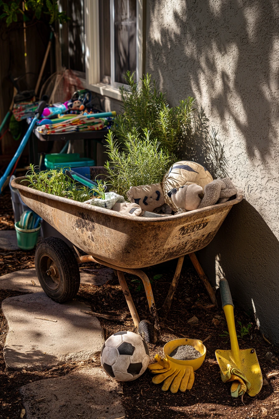 Kids’ Garden Toy Corral in a Sunlit Side Yard