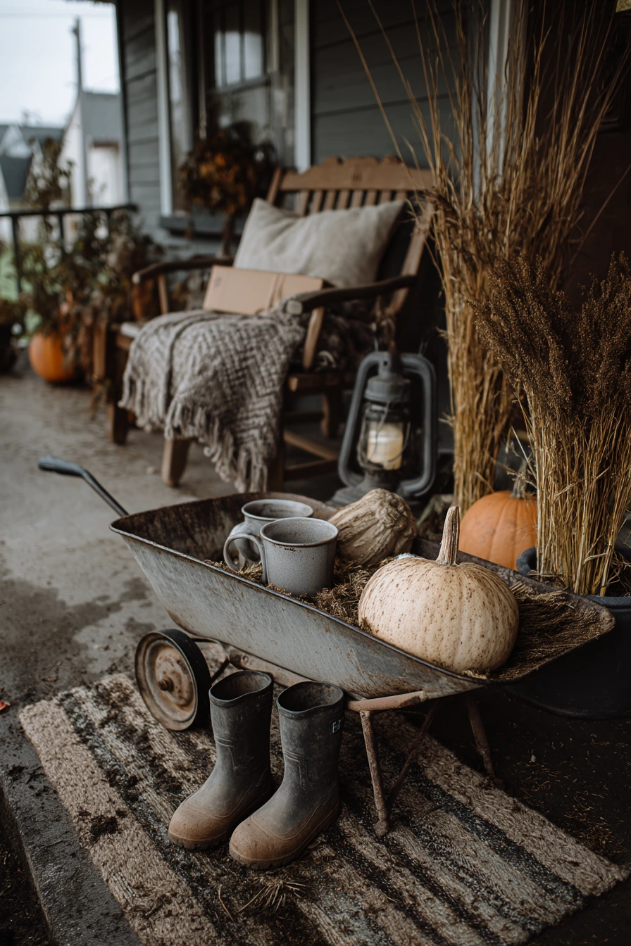 Fall Porch Wheelbarrow With Pumpkins and Throw Blankets