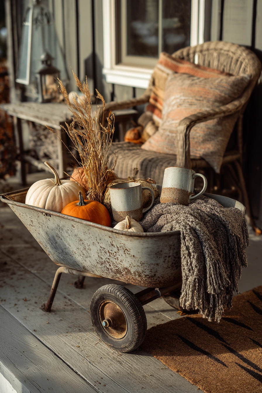 Fall Porch Wheelbarrow With Pumpkins and Throw Blankets