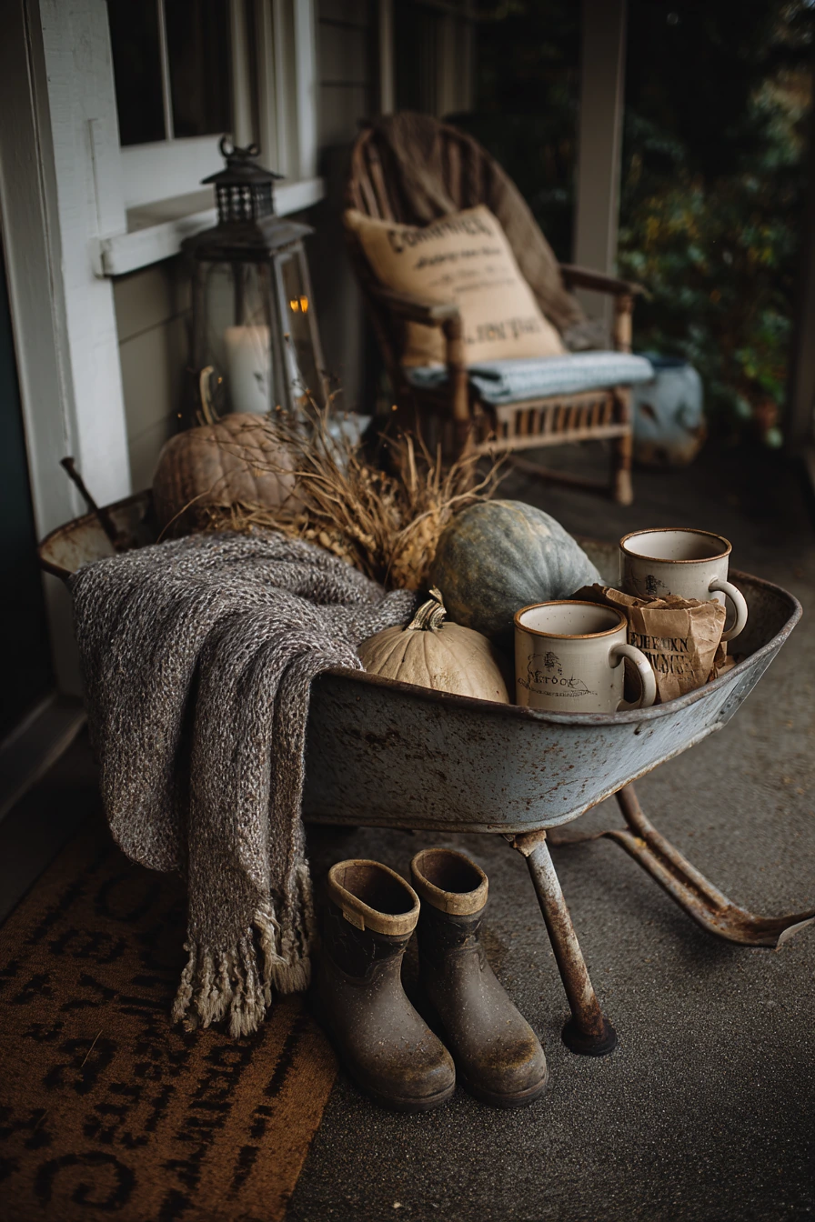 Fall Porch Wheelbarrow With Pumpkins and Throw Blankets