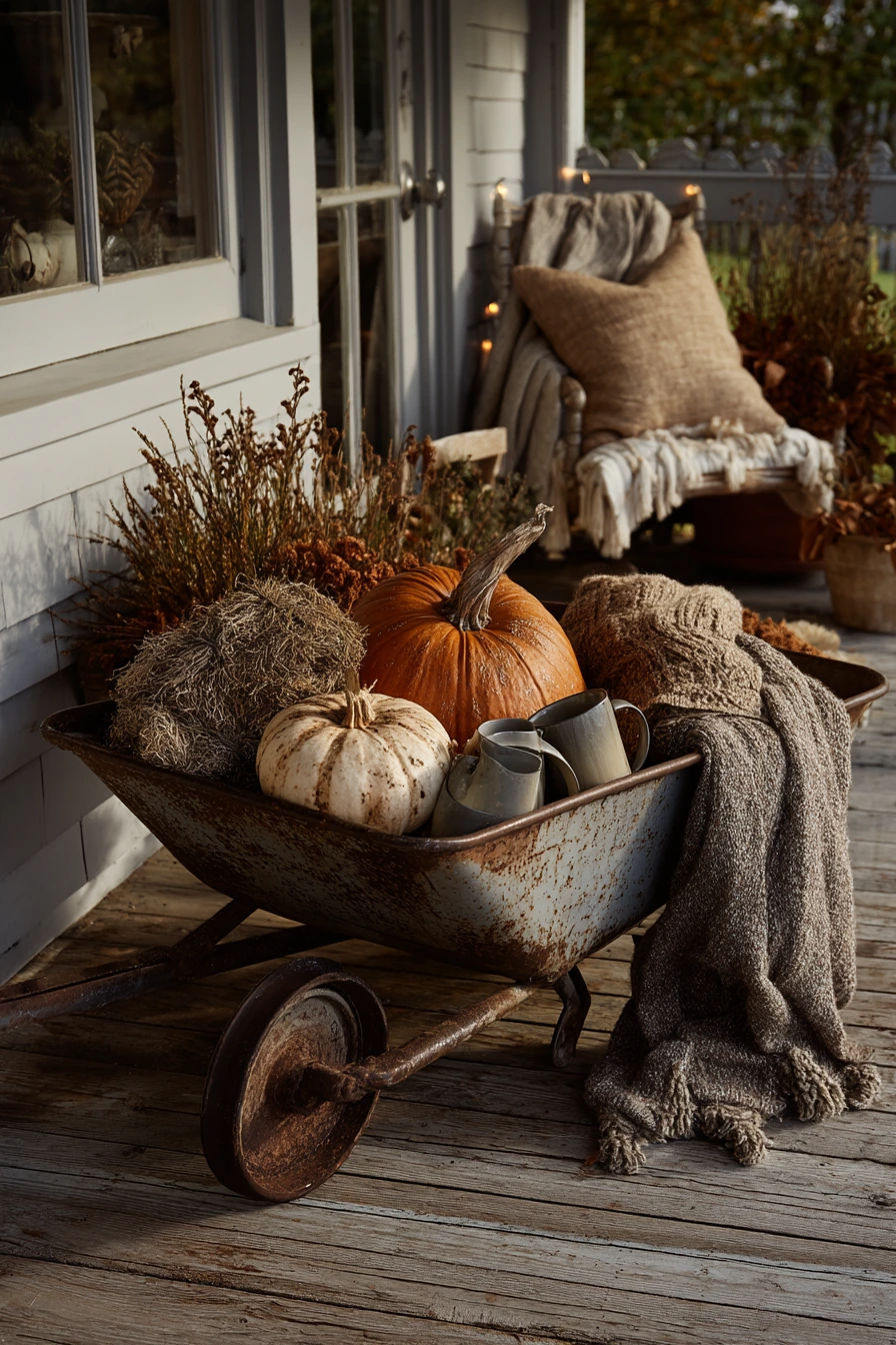 Fall Porch Wheelbarrow With Pumpkins and Throw Blankets
