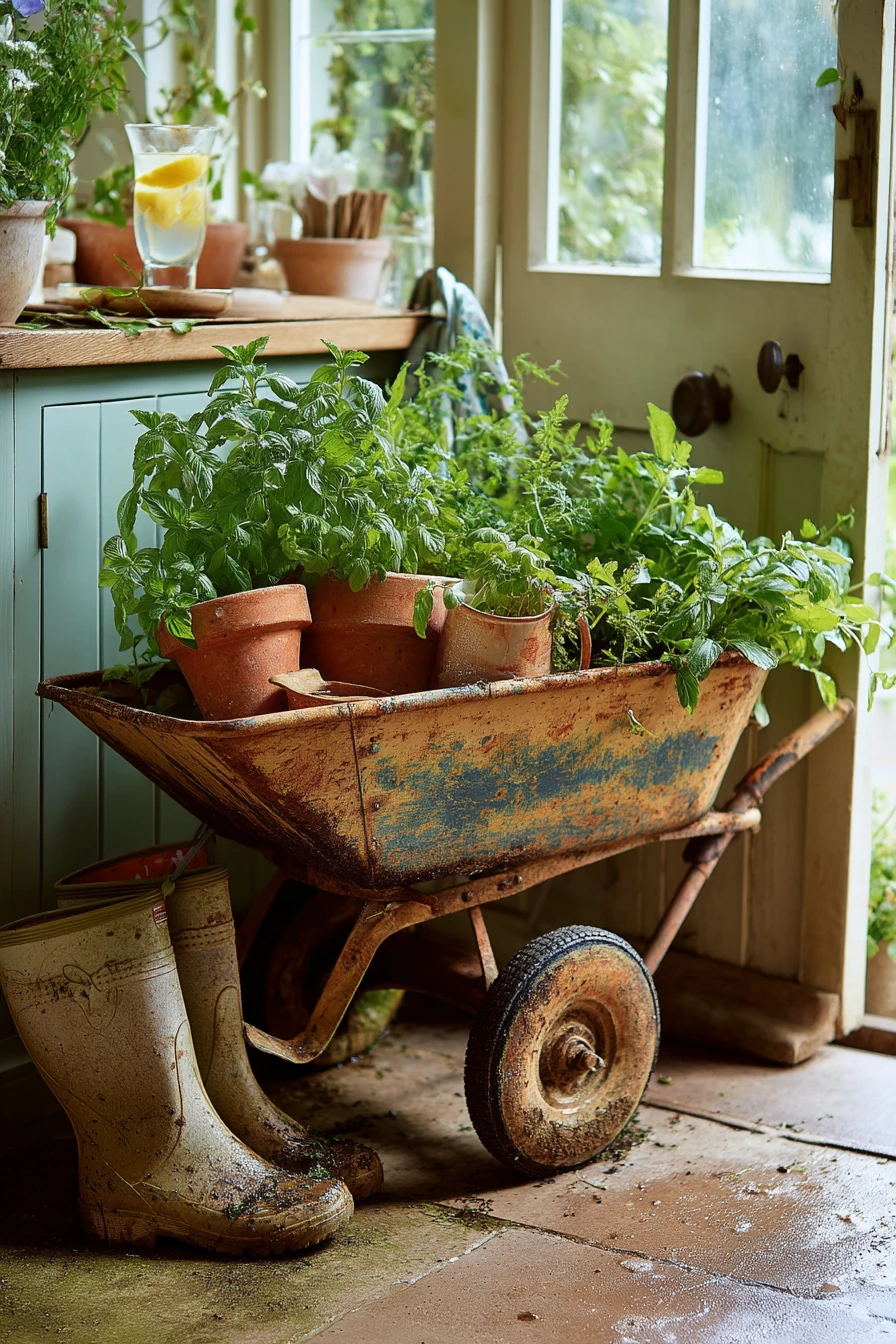 Patio Herb Wheelbarrow Planter by the Kitchen Door