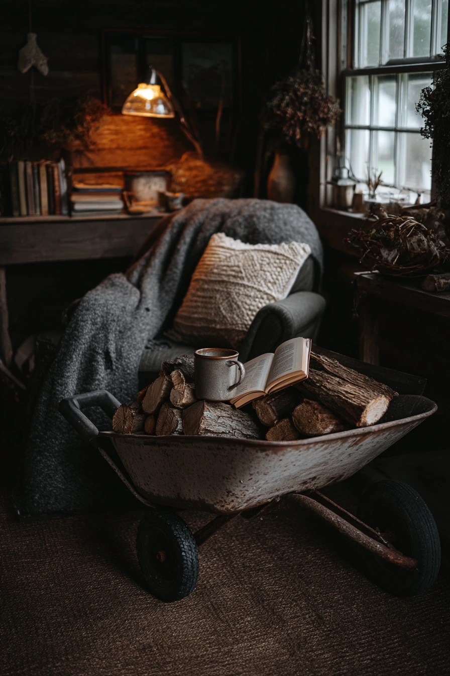Wheelbarrow Firewood Holder Beside a Reading Nook