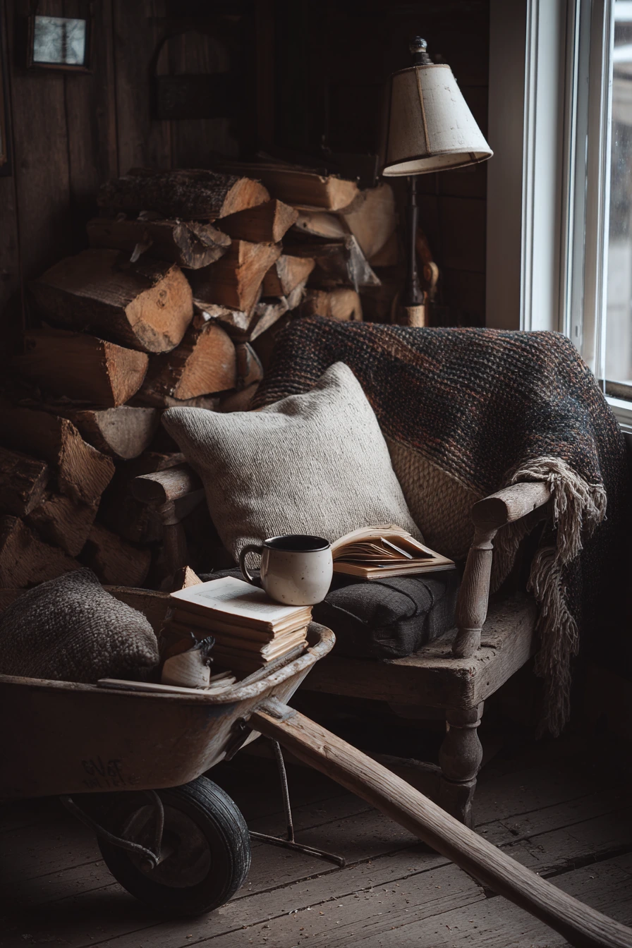 Wheelbarrow Firewood Holder Beside a Reading Nook