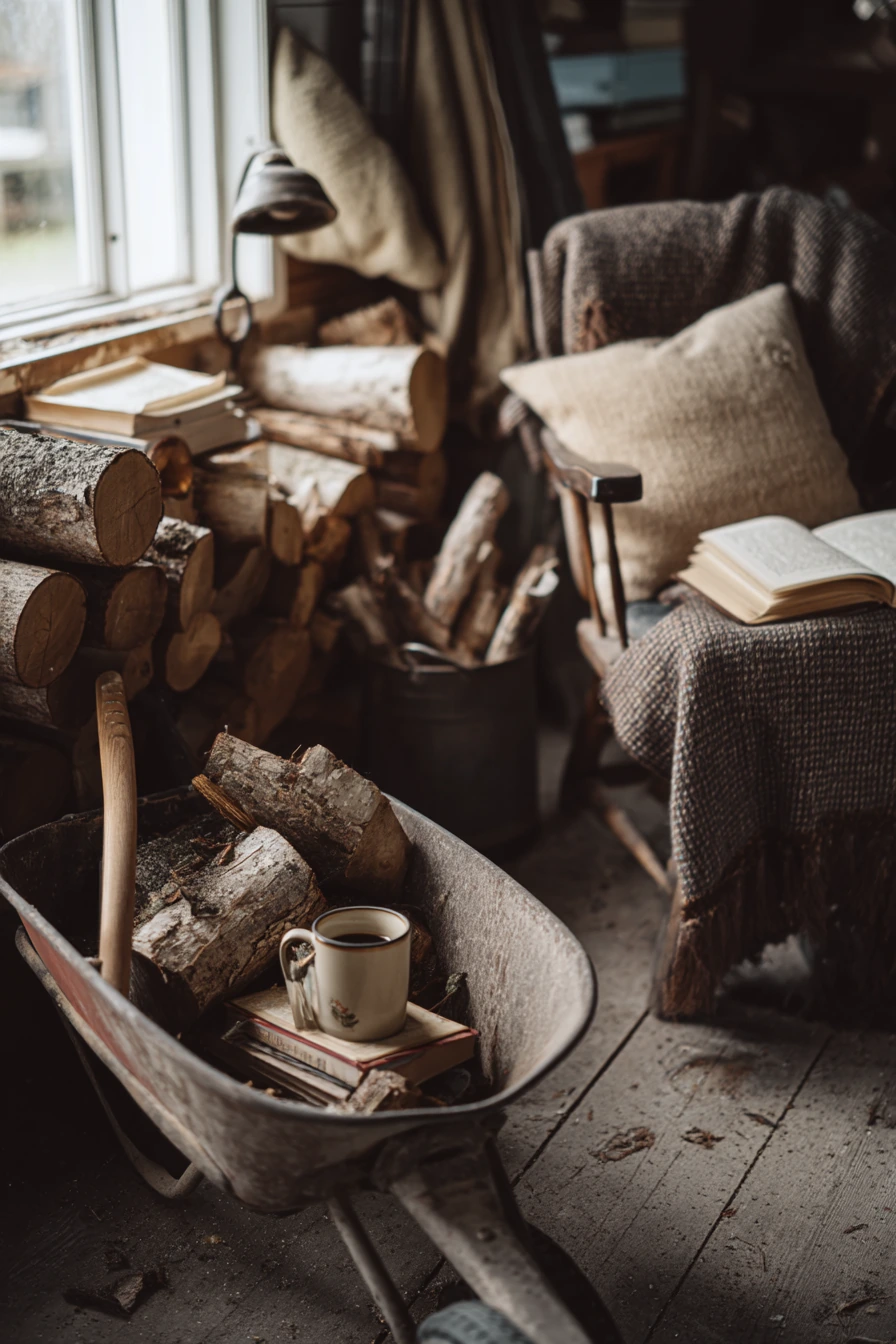 Wheelbarrow Firewood Holder Beside a Reading Nook