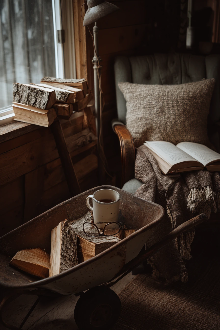 Wheelbarrow Firewood Holder Beside a Reading Nook