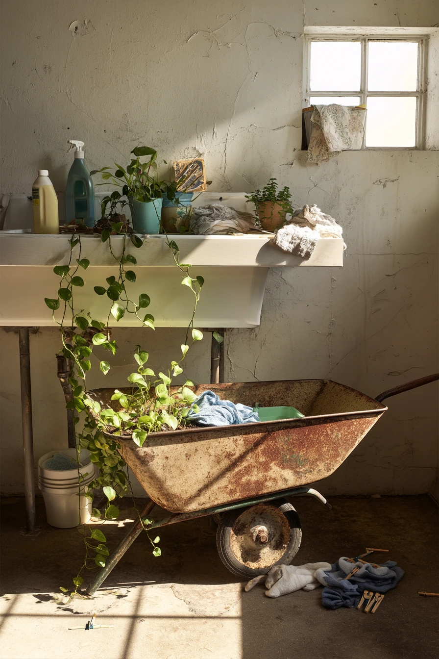 Laundry Room Plant Station With Reclaimed Wheelbarrow