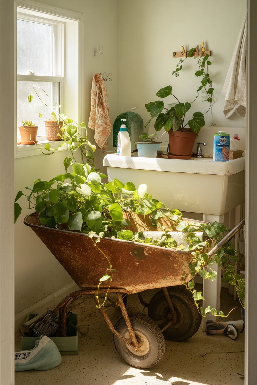 Laundry Room Plant Station With Reclaimed Wheelbarrow